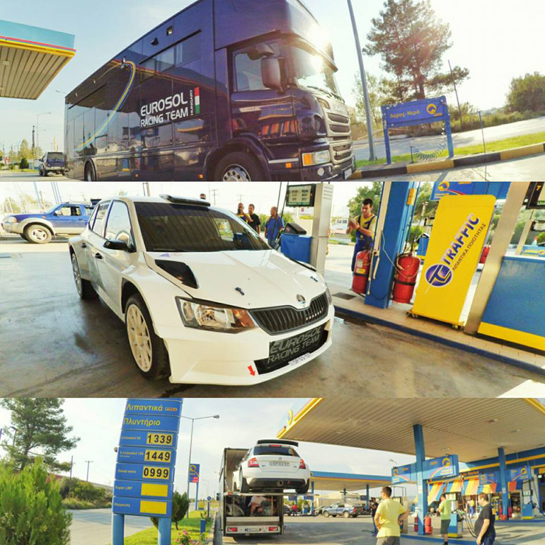Η νταλίκα που μεταφέρει το αγωνιστικό Fabia R5 του Σωκράτη Τσολακίδη...