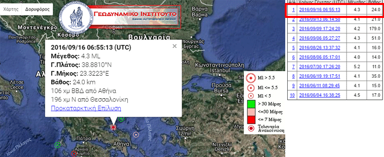 Χάρτης με την επίσημη ανακοίνωση του Γεωδυναμικού Ινστιτούτου