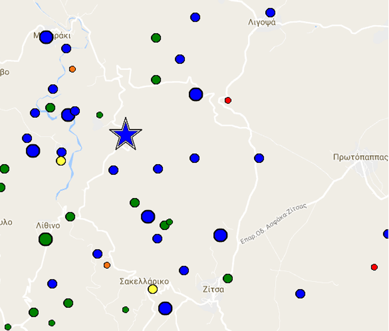 Στην περιοχή που απεικονίζεται με το σύμβολο του αστεριού, βρίσκεται το επίκεντρο της δόνησης 