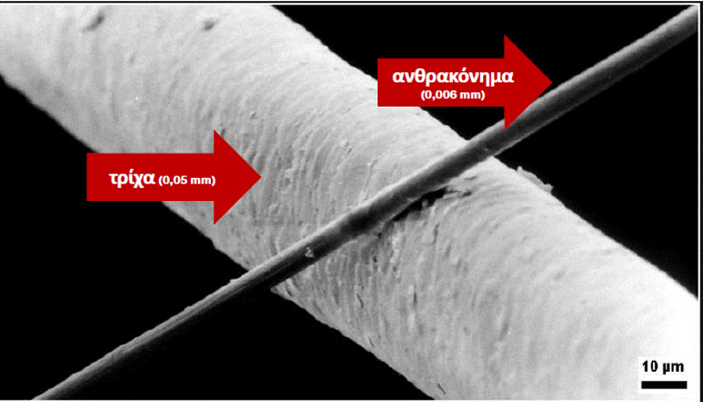 Η διαφορά πάχους μιας ανθρώπινης τρίχας και μιας αντίστοιχης από ανθρακόνημα!