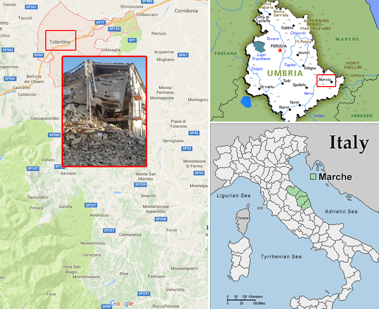 Χάρτης με τις περιοχές Ούμπρε και Μάρκε (Ένθετη το Τολεντίνο)