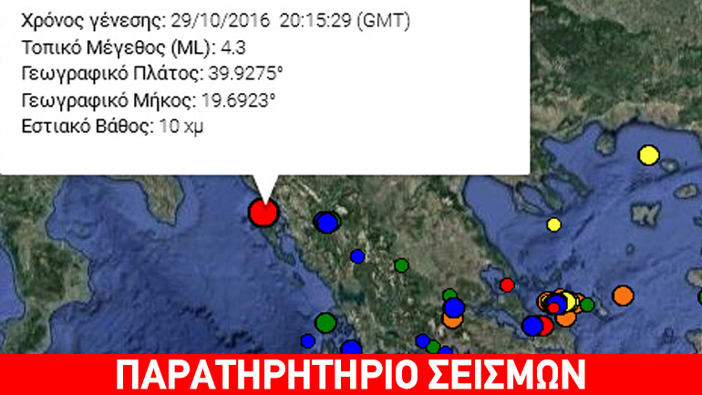 Σεισμική δόνηση 4,3 Ρίχτερ βόρεια της Κέρκυρας
