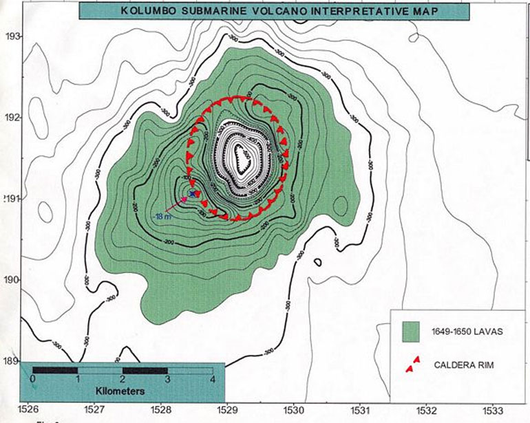 Βαθυμετρικός χάρτης του ηφαιστείου Κολούμπος. Photo: Thera Expedition.