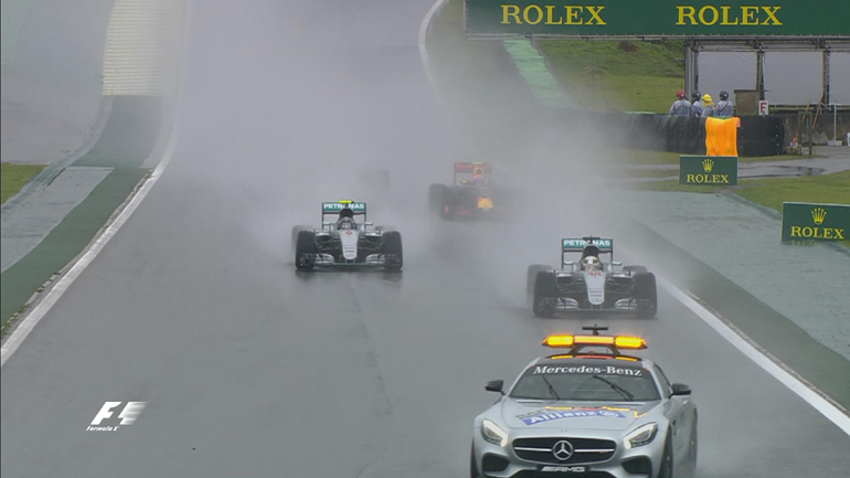 Το αυτοκίνητο ασφαλείας εμφανίστηκε ουκ ολίγες φορές στην πίστα λόγω βροχής αλλά και ατυχημάτων...