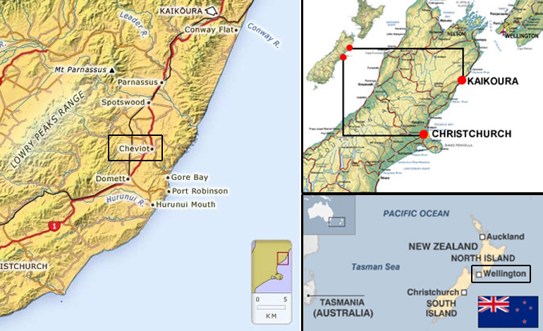 Χάρτες με τις πόλεις Τσέβιοτ, Καϊκούρα, Κράιστσερτς και Ουέλλινγκτον