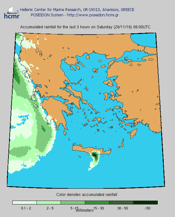 Με πράσινο χρώμα οι βροχοπτώσεις που αναμένονται τα ξημερώματα του Σαββάτου