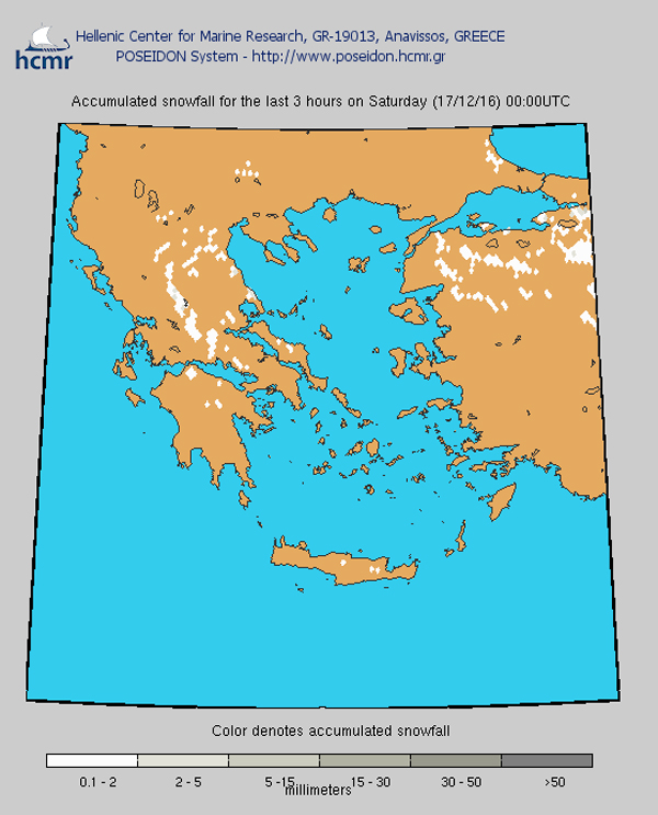Το χρώμα δηλώνει το αθροιστικό ύψος της χιονόπτωσης (ξημερώματα Σαββάτου)