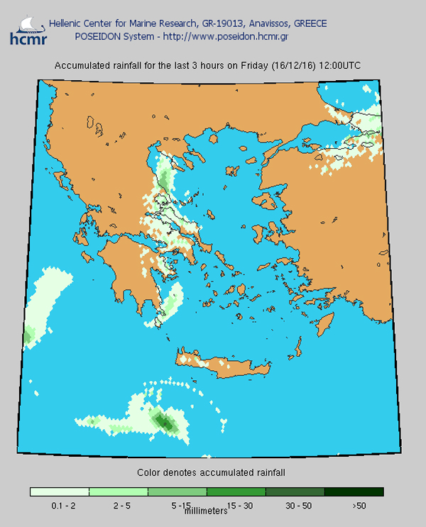 Το χρώμα δηλώνει το αθροιστικό ύψος της βροχόπτωσης (Παρασκευή μεσημέρι)