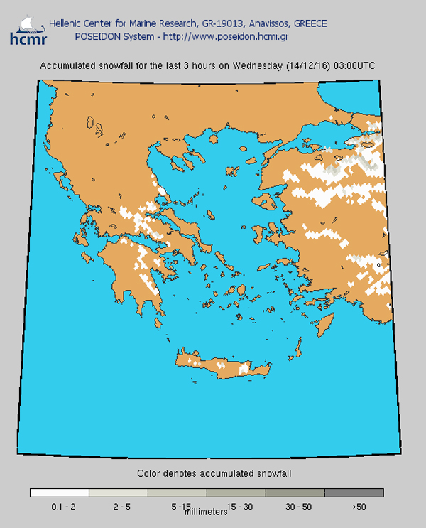 Το χρώμα δηλώνει το αθροιστικό ύψος της χιονόπτωσης (Tετάρτη ξημερώματα)