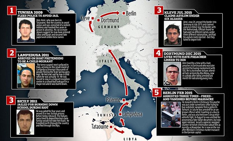 Χάρτης με τη διαδρομή του 24χρονου Τυνήσιου: Από την Αφρική και το πέρασμα στη Λαμπεντούζα μέχρι το Βερολίνο και το μακελειό στη χριστουγεννιάτικη αγορά