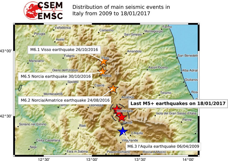 O χάρτης με τους κυριότερους σεισμούς στην Κεντρική Ιταλία από το 2009 μέχρι σήμερα