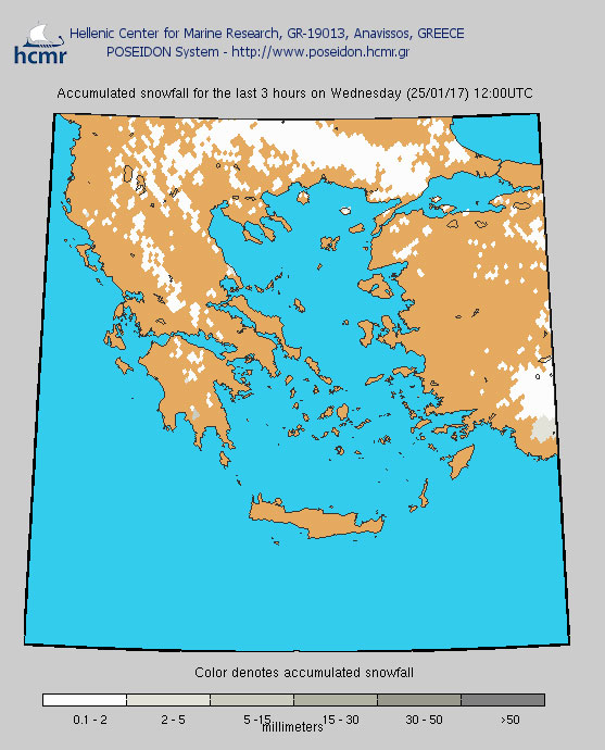 Το χρώμα δηλώνει το αθροιστικό ύψος της χιονόπτωσης το τελευταίο 3ωρο (μεσημέρι Τετάρτης)