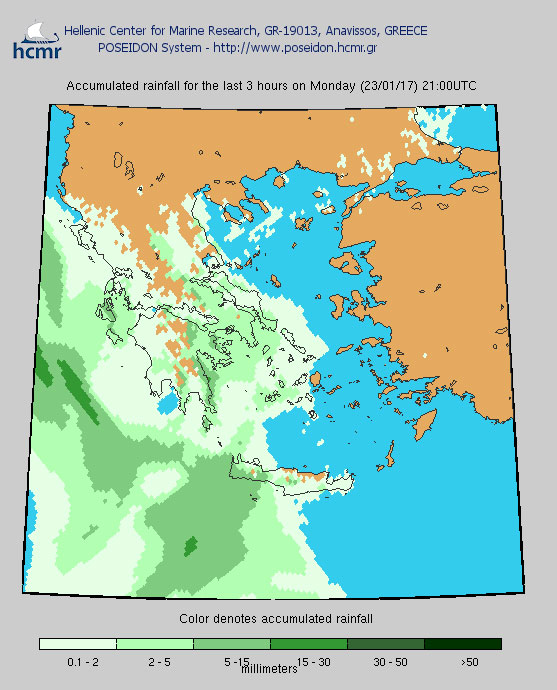 Το χρώμα δηλώνει το αθροιστικό ύψος της βροχόπτωσης το τελευταίο 3ωρο (βράδυ Δευτέρας)