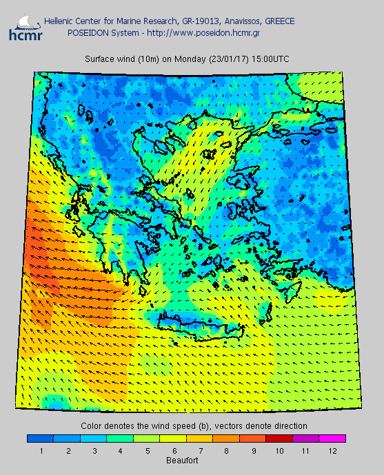 Το χρώμα δηλώνει την ένταση του ανέμου στην κλίμακα Μποφόρ (Δευτέρα βράδυ)