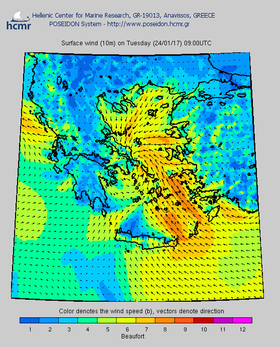 Το χρώμα δηλώνει την ένταση του ανέμου στην κλίμακα Μποφόρ (πρωί Τρίτης)