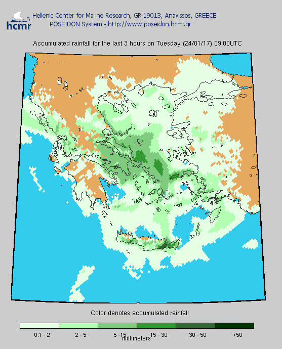Το χρώμα δηλώνει το αθροιστικό ύψος της βροχόπτωσης το τελευταίο 3ωρο (πρωί Τρίτης)