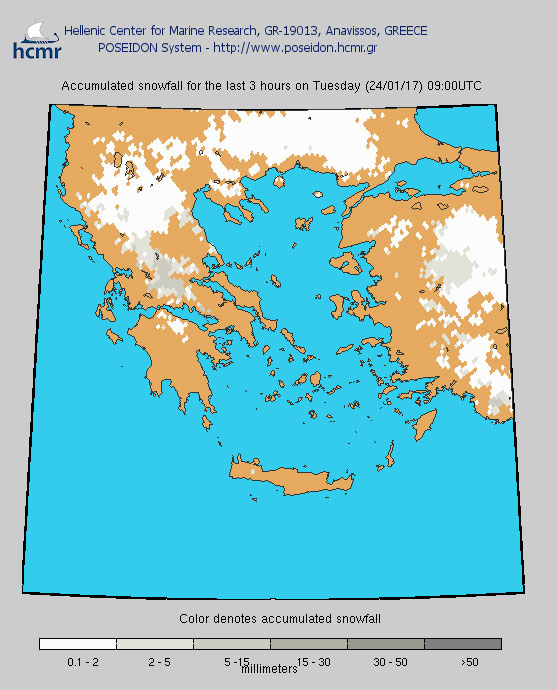 Το χρώμα δηλώνει το αθροιστικό ύψος της χιονόπτωσης το τελευταίο 3ωρο (πρωί Τρίτης)