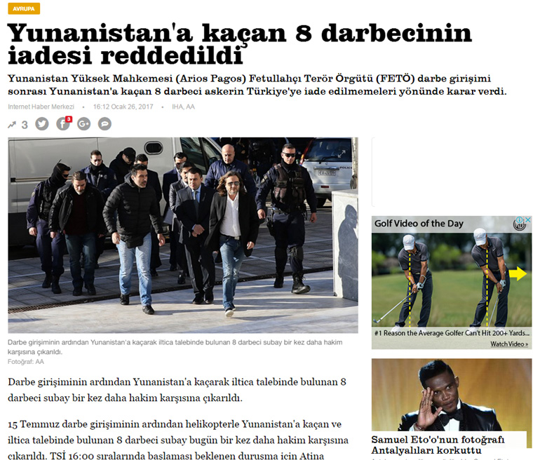 Yeni Şafak: Απορρίφθηκε στην Ελλάδα η επιστροφή των οκτώ πραξικοπηματιών