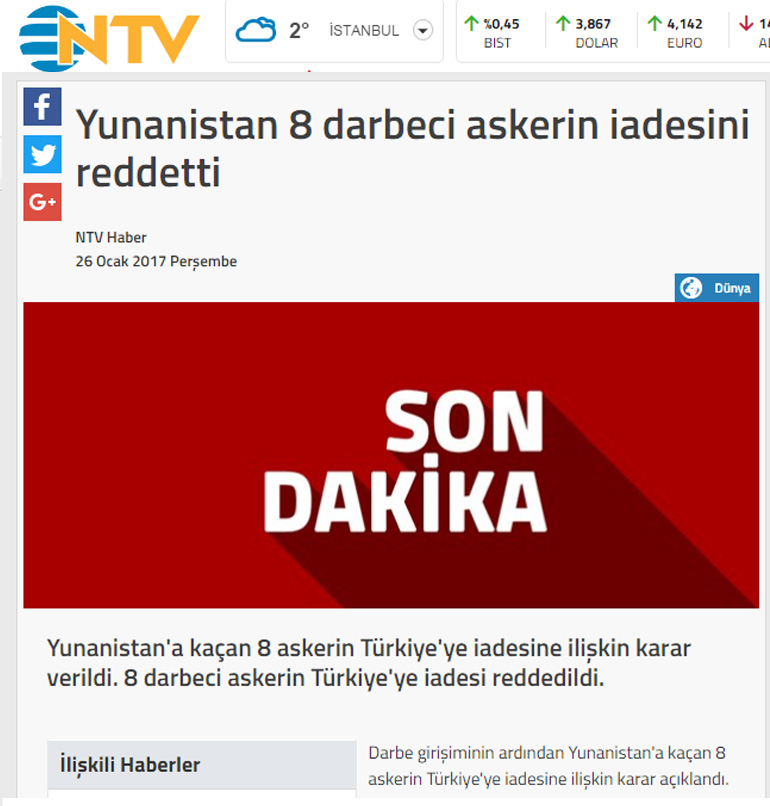 NTV Haber: Η Ελλάδα απέρριψε την επιστροφή των οκτώ πραξικοπηματιών 