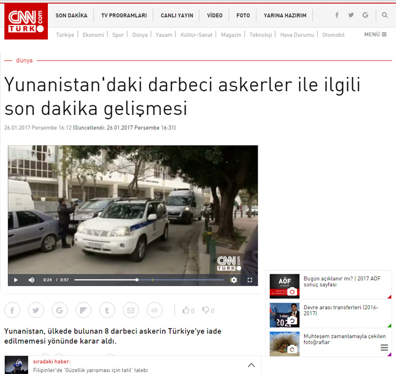 CNN Turk: Έκτακτη είδηση σχετικά με το στρατιωτικό πραξικόπημα στην Ελλάδα