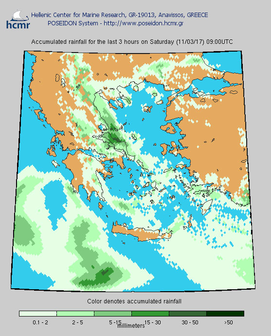 Το χρώμα δηλώνει το αθροιστικό ύψος της βροχόπτωσης το τελευταίο 3ωρο.