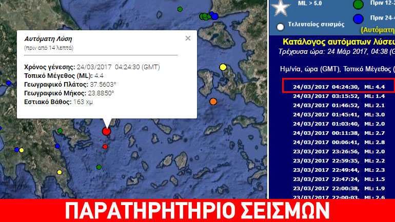 Σεισμική δόνηση 4,4R νότια της Αθήνας