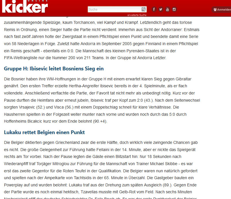 kicker.de: «Ο Λουκάκου έσωσε τον βαθμό για το Βέλγιο»