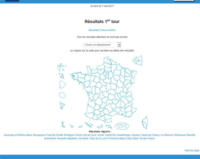 Πατήστε πάνω στον χάρτη για να δείτε αναλυτικά τα αποτελέσματα το α' γύρου των γαλλικών προεδρικών εκλογών από το υπ. Εσωτερικών