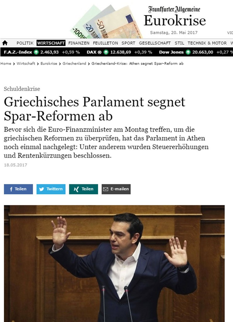 Η γερμανική εφημερίδα «Frankfurter Allgemeine Zeitung» αναφέρεται σε άρθρο της στη διαδικασία ψήφισης του κυβερνητικού πολυνομοσχεδίου για τα μέτρα και αντίμετρα που προβλέπει το μεσοπρόθεσμο πρόγραμμα που συμφωνήθηκε με τους δανειστές
