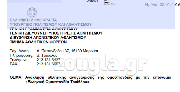 Ανάκληση και της αναγνώρισης της Ελληνικής Ομοσπονδίας Τριάθλου