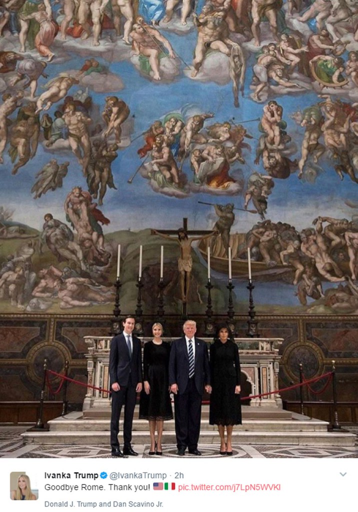 «Γεια σου Ρώμη! Eυχαριστούμε» έγραψε η Ιβάνκα στον προσωπικό της λογαριασμό στο Τwitter δημοσιεύοντας και μια φωτογραφία από τη χθεσινή τους επίσκεψη στο Βατικανό