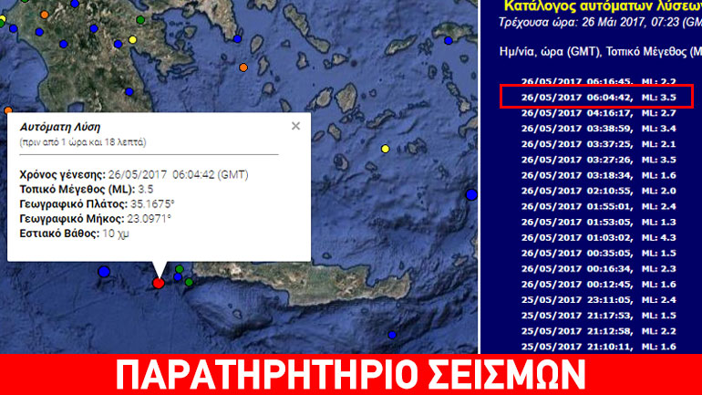 Σεισμός 3,5R νοτιοδυτικά των Χανίων