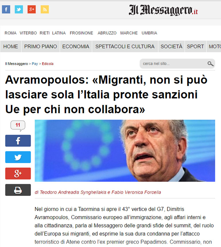 Η συνέντευξη του Δ. Αβραμόπουλου στην ιταλική εφημερίδα