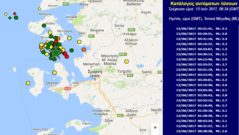 Περισσότερες από 60 νέες δονήσεις όπως αποτυπώνονται στους χάρτες σε πραγματικό χρόνο