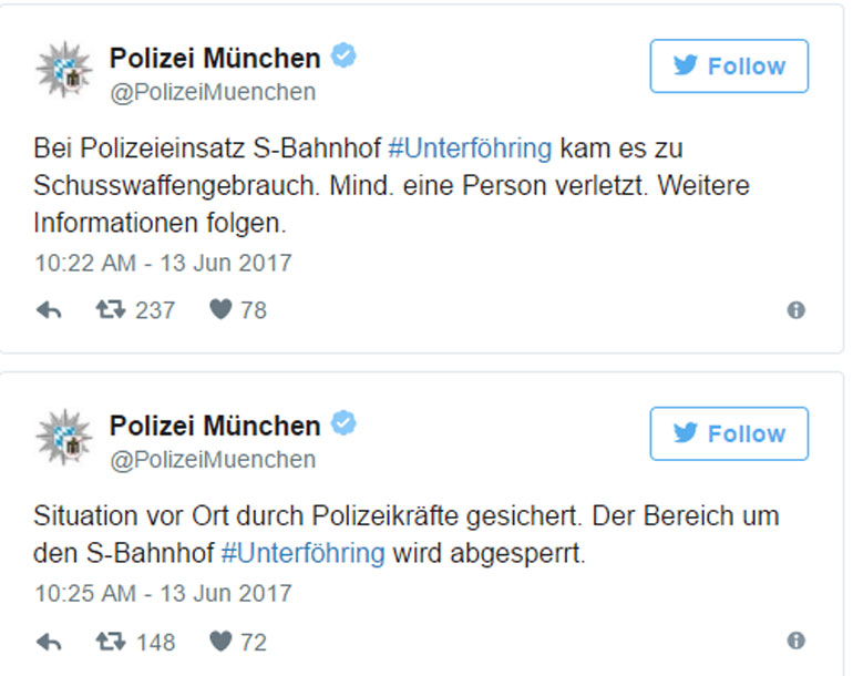 Η ανακοίνωση της γερμανικής αστυνομίας στο Twitter: Πυροβολισμοί σημειώθηκαν σε σταθμό τρένων κοντά στο Μόναχο και τουλάχιστον ένας άνθρωπος έχει τραυματιστεί, η περιοχή έχει αποκλειστεί