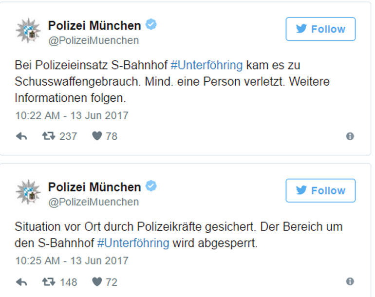 Η ανακοίνωση της γερμανικής αστυνομίας στο Twitter: Πυροβολισμοί σημειώθηκαν σε σταθμό τρένων κοντά στο Μόναχο και τουλάχιστον ένας άνθρωπος έχει τραυματιστεί, η περιοχή έχει αποκλειστεί
