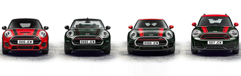 Από αριστερά η γκάμα των μοντέλων MINI που έχουν την υπογραφή John Cooper Works: Cooper, Cabrio, Clubman και Countryman