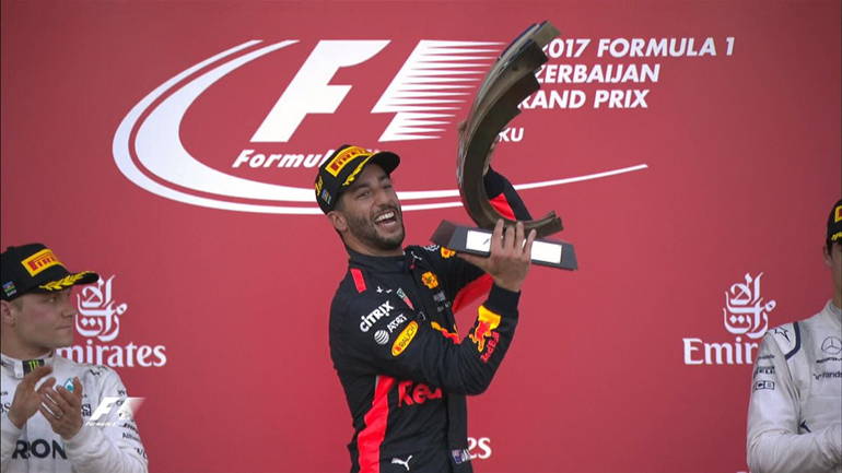 O Ricciardo πανηγυρίζει την νίκη που σημείωσε στο Αζερμπαϊτζάν 