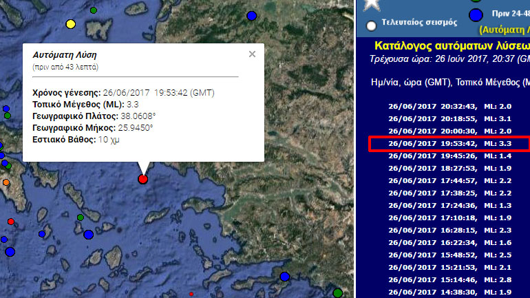Σεισμός 3,3R ανοιχτά της Χίου