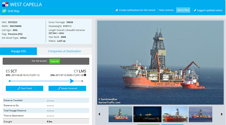 Tα στοιχεία του West Capella/Πηγή: marinetraffic.com