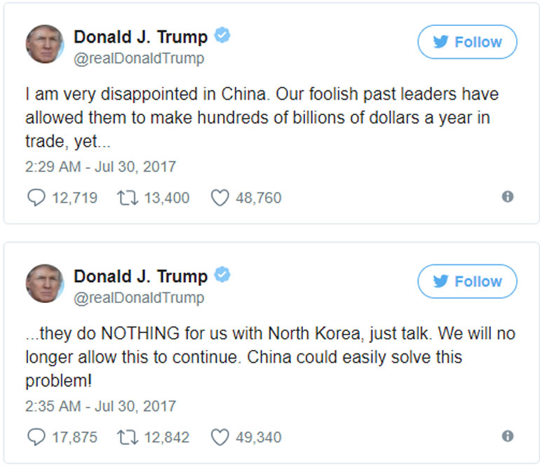 «Πολύ απογοητευμένος» με την Κίνα δήλωσε ο Ντόναλντ Τραμπ, σε δύο αναρτήσεις του στο twitter, υποστηρίζοντας ότι το Πεκίνο δεν έχει κάνει τίποτε προς όφελος των ΗΠΑ, αναφορικά με την Βόρεια Κορέα
