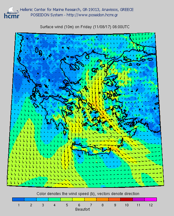 Το χρώμα δηλώνει την ένταση του ανέμου στην κλίμακα Μποφόρ (Παρασκευή πρωί)