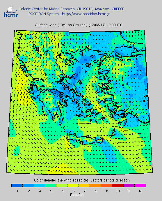 Το χρώμα δηλώνει την ένταση του ανέμου στην κλίμακα Μποφόρ (Σάββατο μεσημέρι)