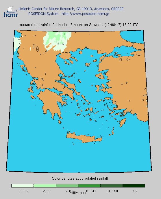Το χρώμα δηλώνει το αθροιστικό ύψος της βροχόπτωσης (Σάββατο)