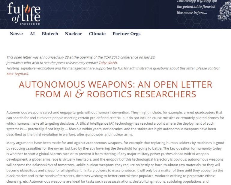 Η ανοιχτή επιστολή προειδοποιεί για τους κινδύνους.