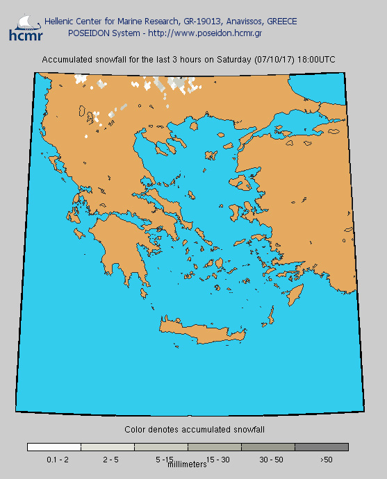Το χρώμα δηλώνει το αθροιστικό ύψος της χιονόπτωσης (Σάββατο βράδυ)