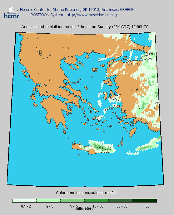 Το χρώμα δηλώνει το αθροιστικό ύψος της βροχόπτωσης (Φωτό από πάνω προς τα κάτω: Παρασκευή απόγευμα, Σάββατο μεσημέρι, Κυριακή μεσημέρι)
