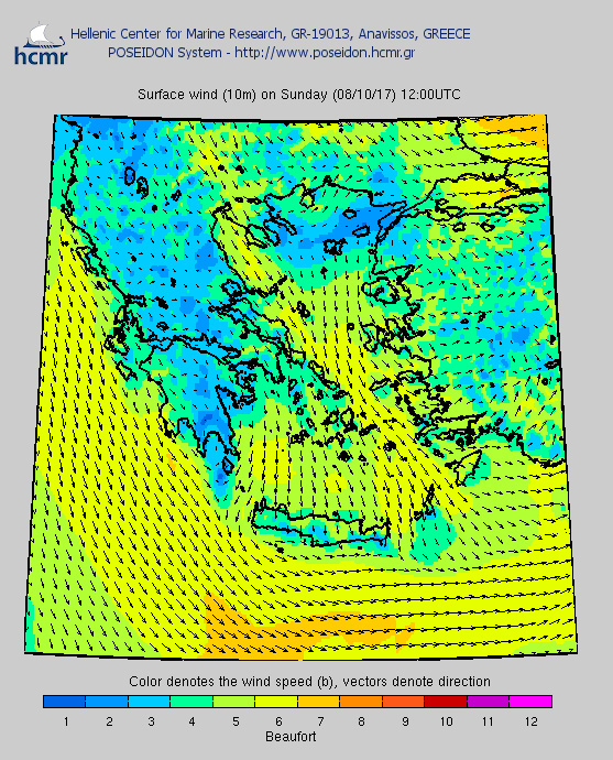 Το χρώμα δηλώνει την ένταση του ανέμου στην κλίμακα μποφόρ (Από πάνω προς τα κάτω: Παρασκευή απόγευμα, Σάββατο μεσημέρι, Κυριακή μεσημέρι)