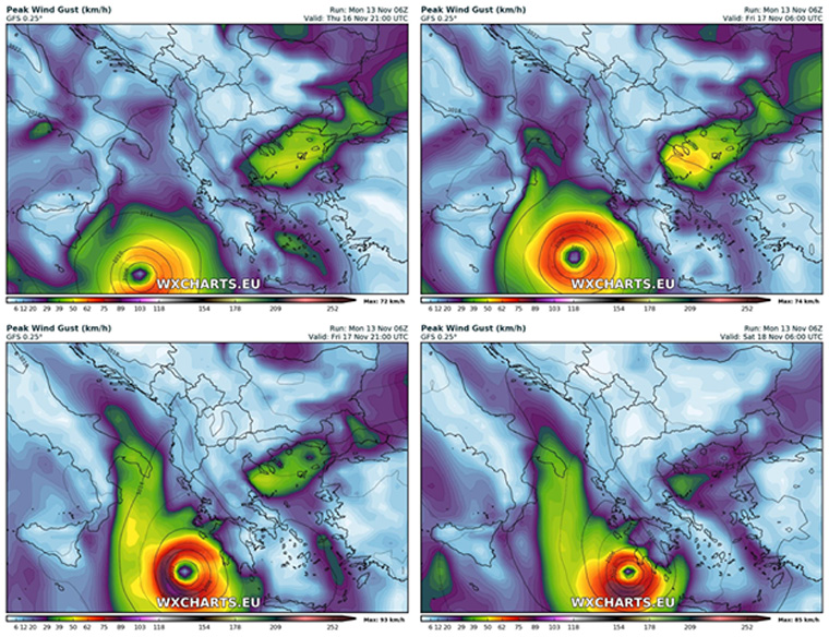 Στις φωτογραφίες αποτυπώνεται η εξέλιξη του φαινομένου, σύμφωνα με εκτιμήσεις από την προσεχή Πέμπτη έως το Σάββατο