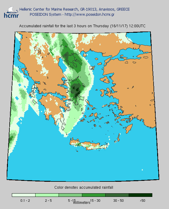 Το χρώμα δηλώνει το αθροιστικό ύψος της βροχόπτωσης